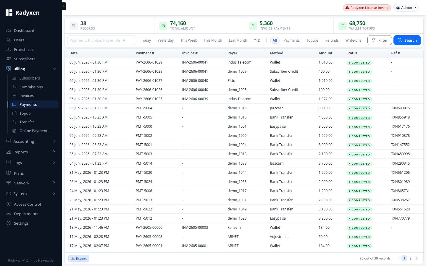 Radyxen billing and payments screen