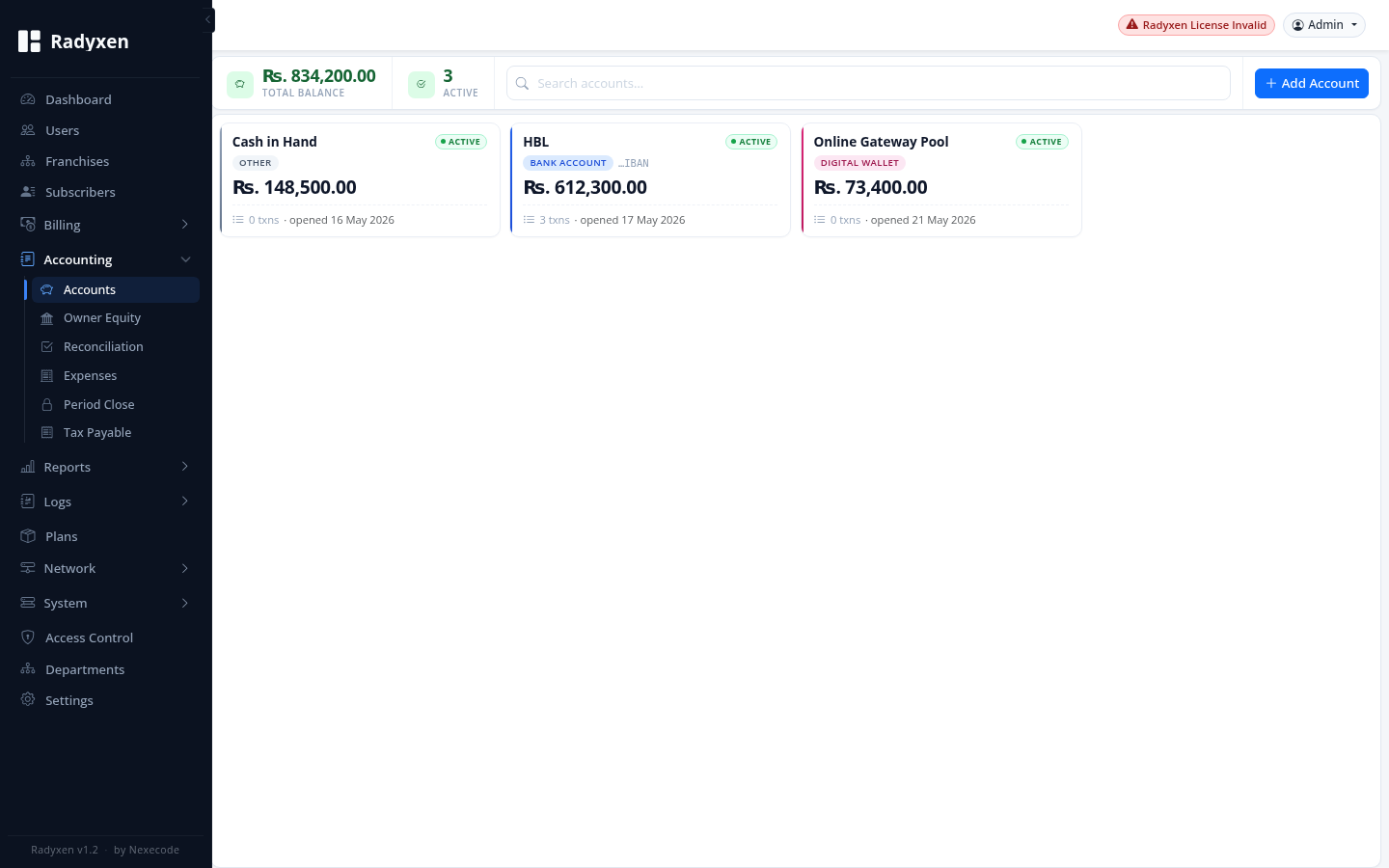 Radyxen Cash accounts screen