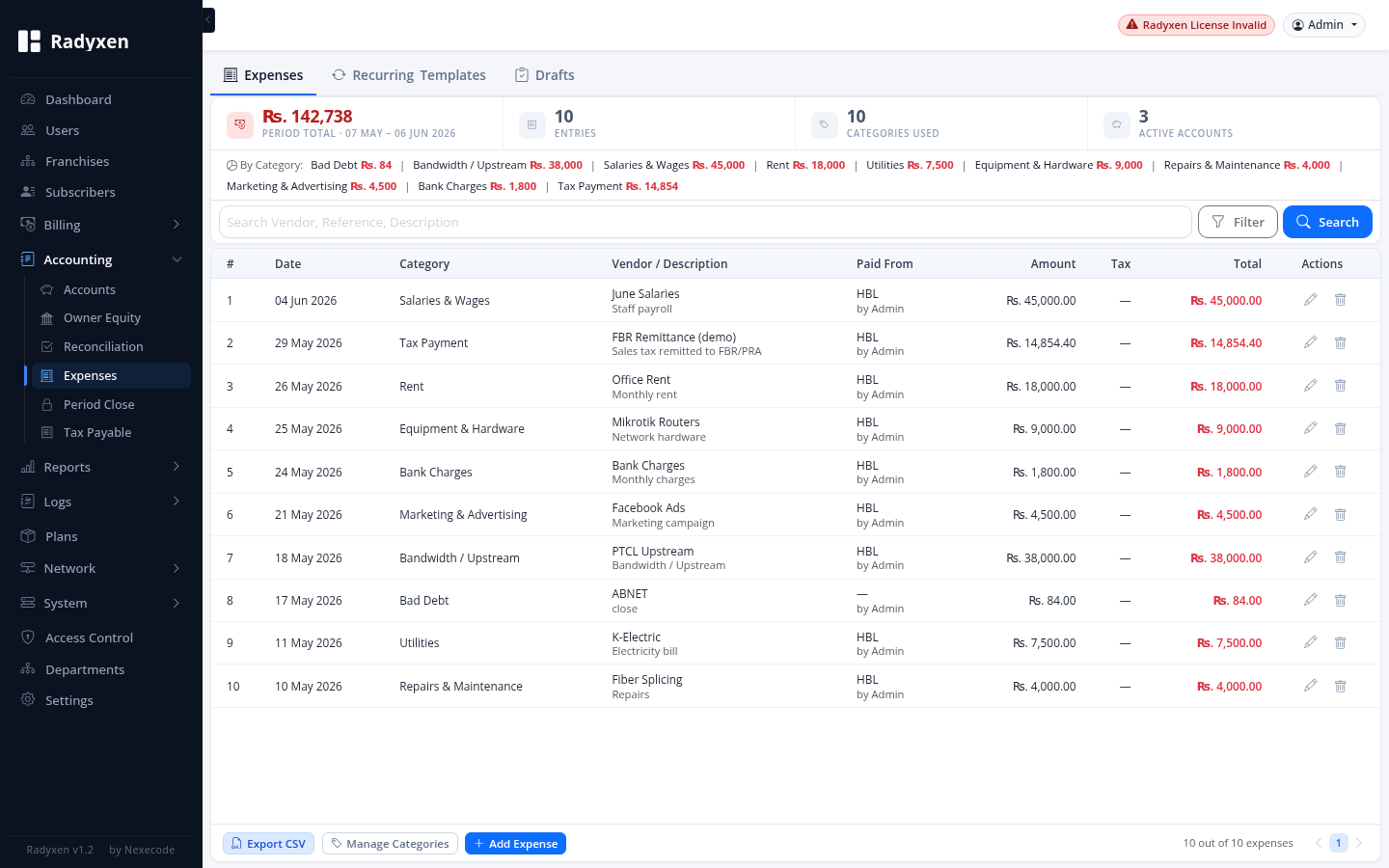 Radyxen Expenses screen