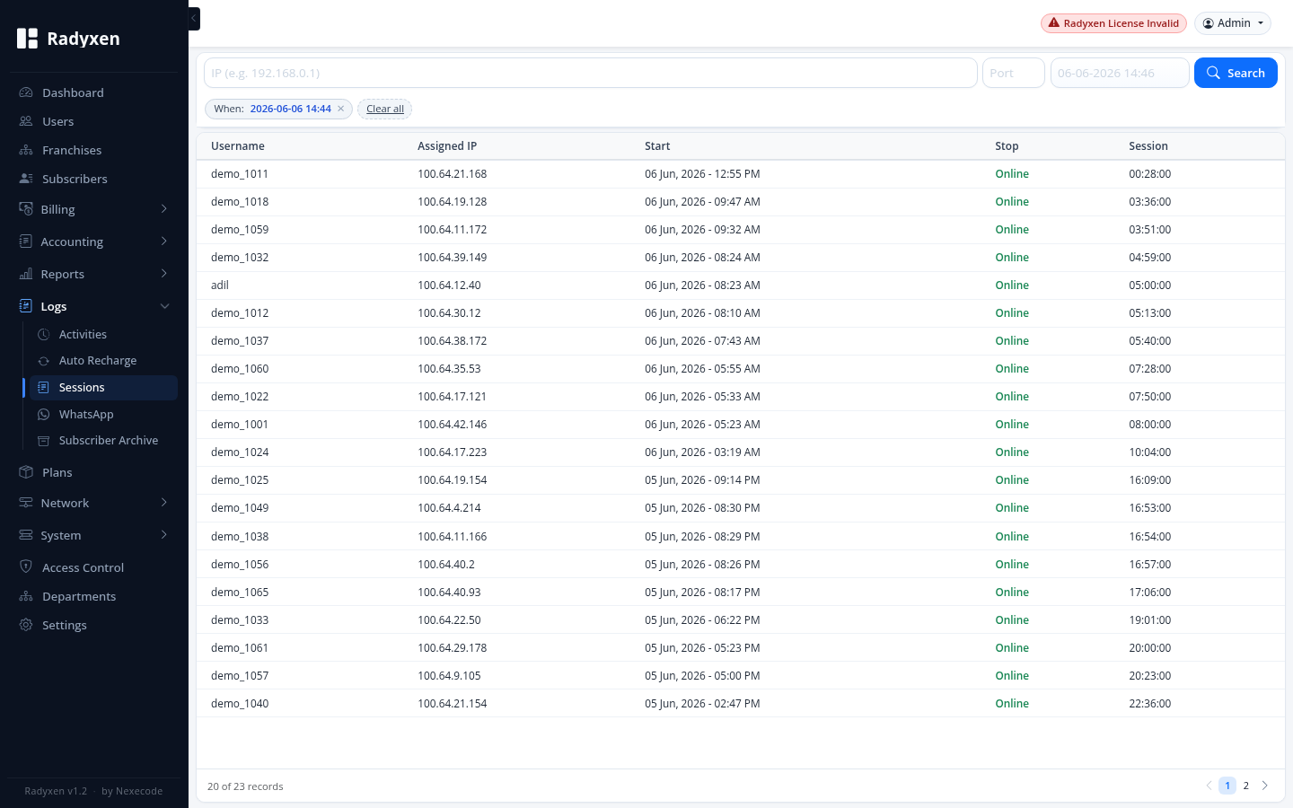 Radyxen Session logs screen