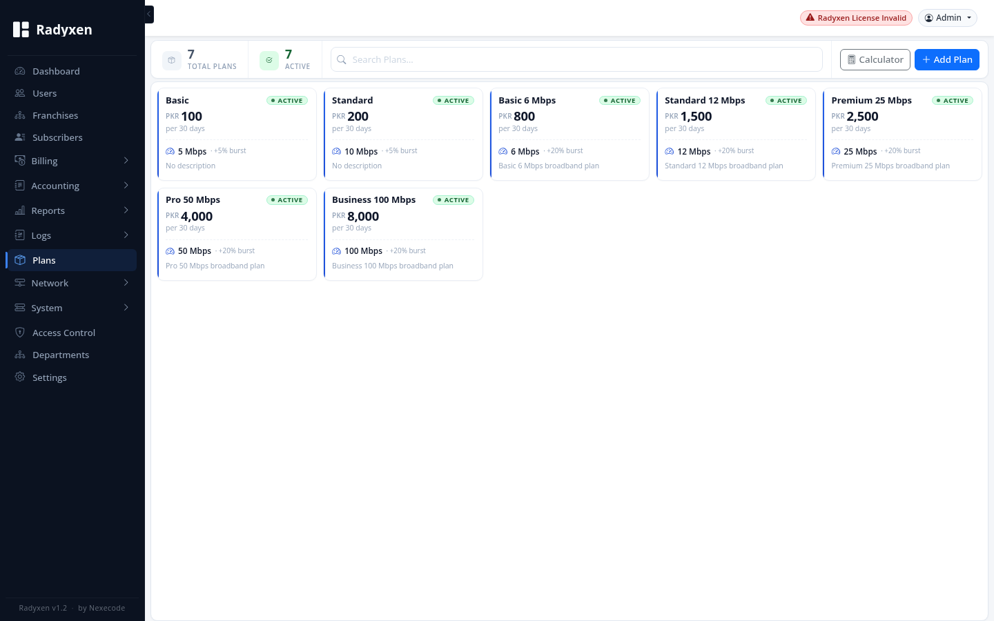 Radyxen Plans screen