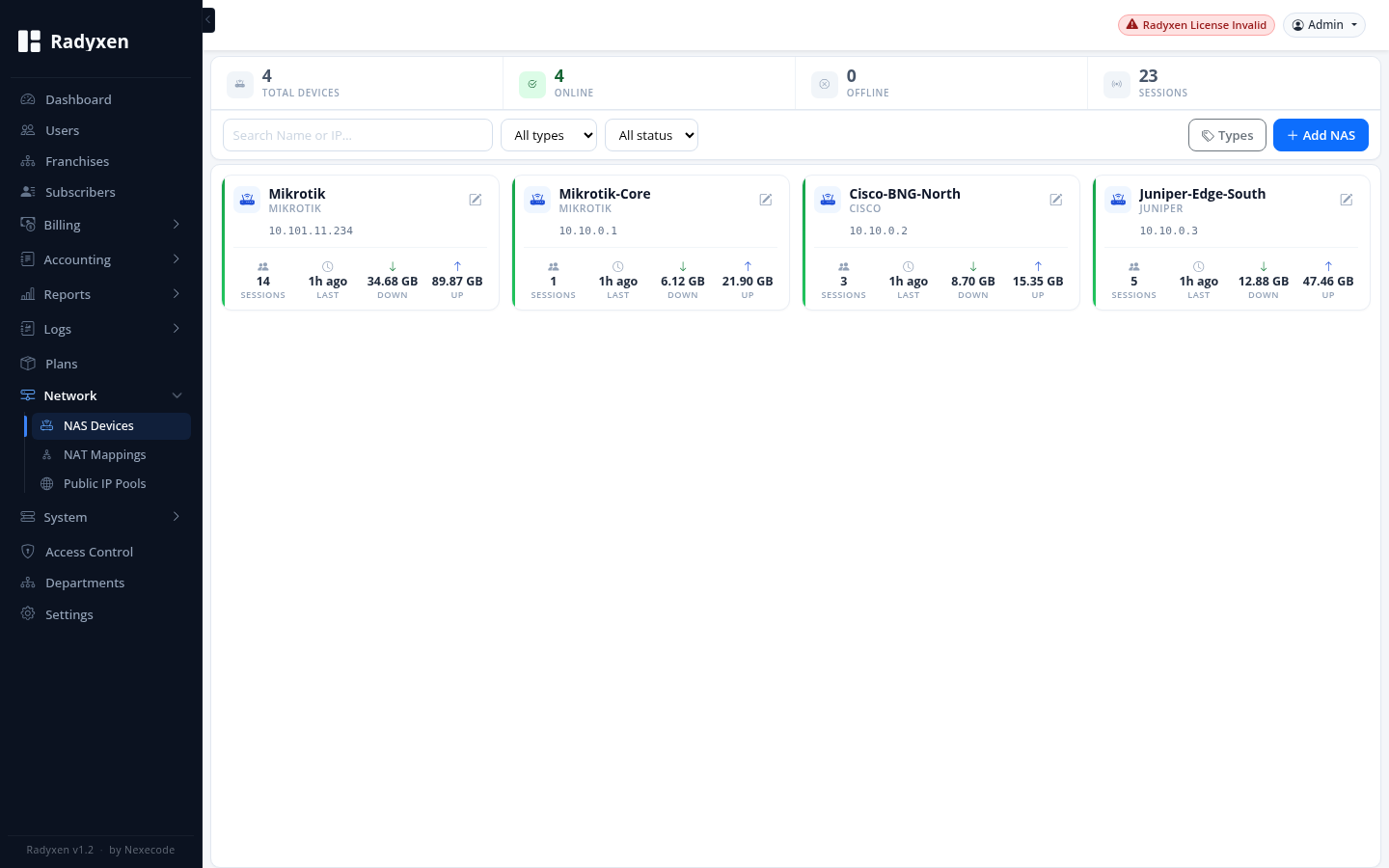 Radyxen Network / NAS screen