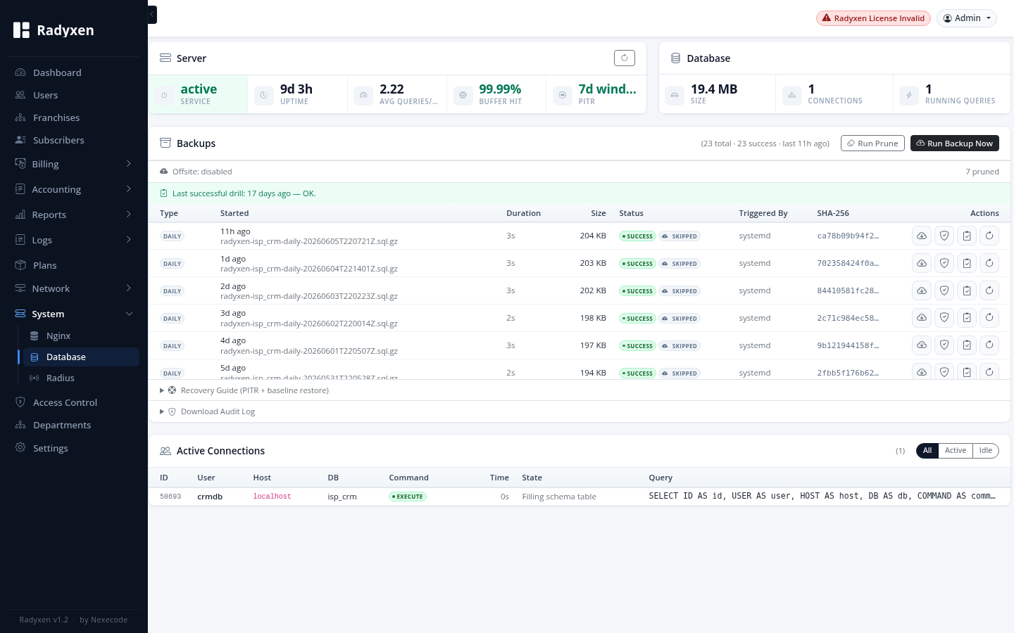 Radyxen Database & backups screen