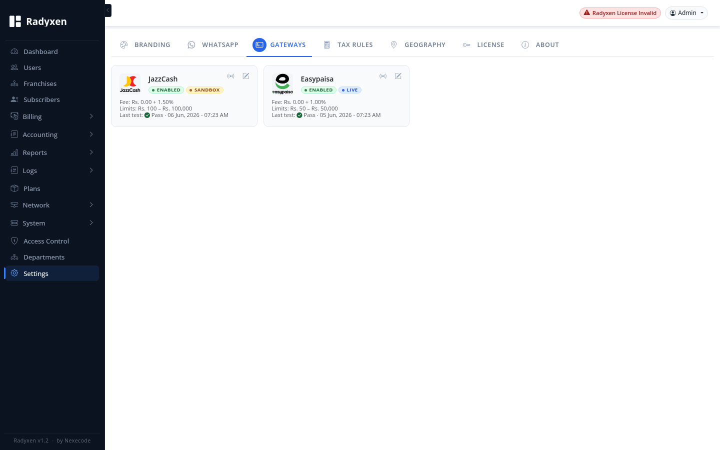 Radyxen Payment gateways screen