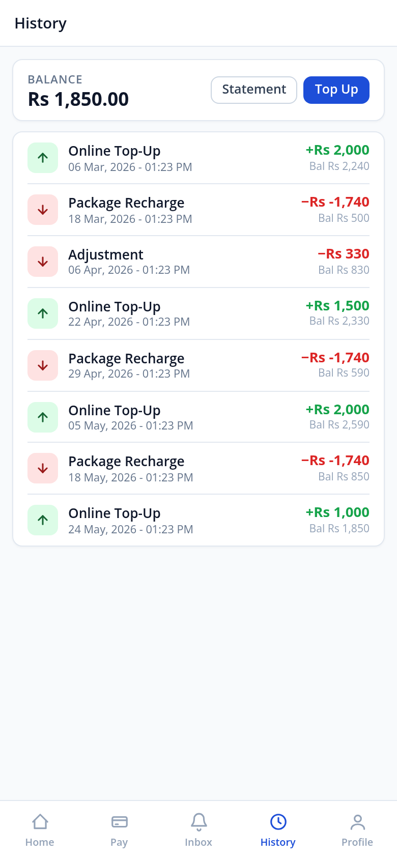 Radyxen Payment history screen